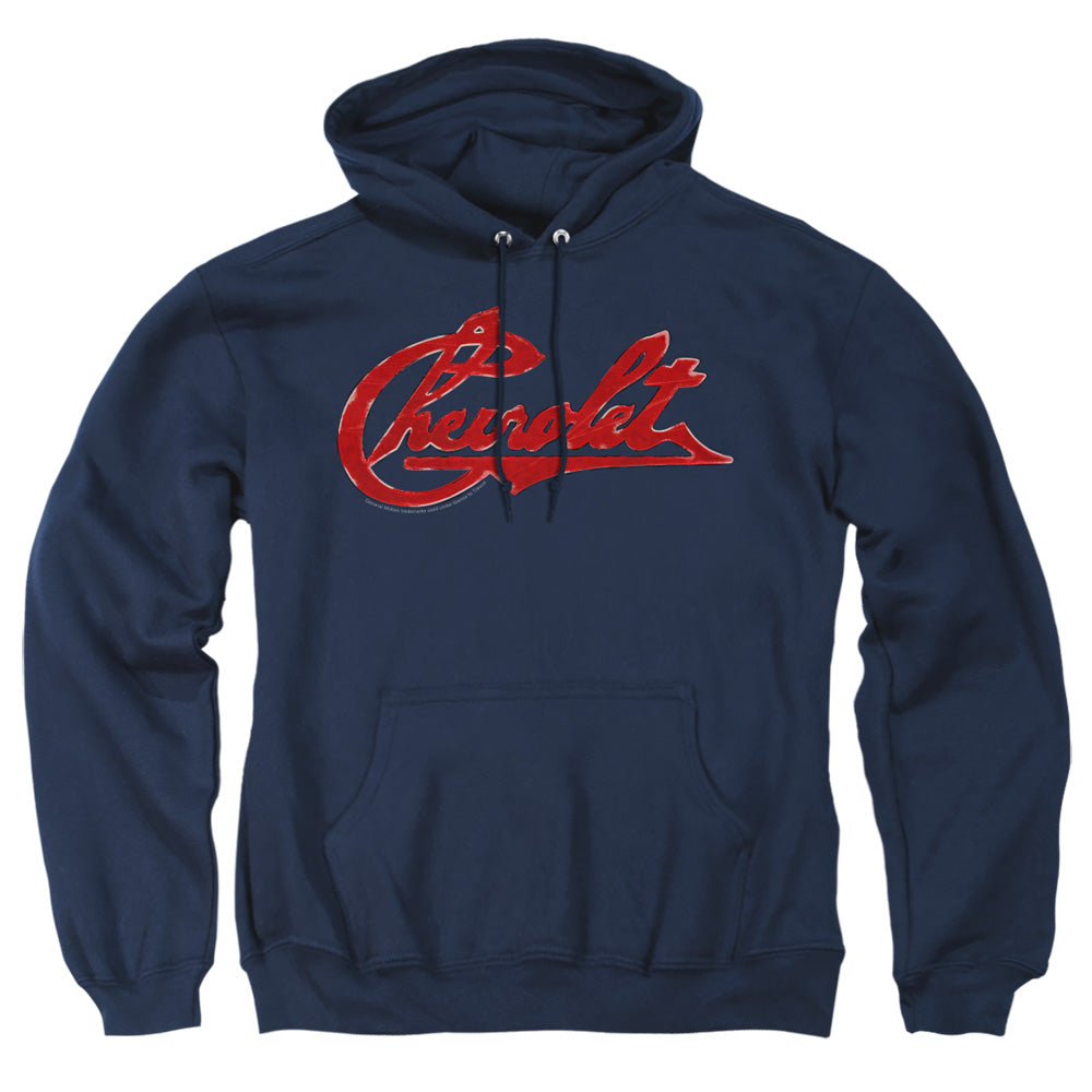 AN OFFCIALLY LICENSED CHEVROLET CHEVROLET SCRIPT DISTRESSED ADULT UNISEX PULLOVER HOODIE NAVY