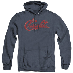 AN OFFCIALLY LICENSED CHEVROLET CHEVROLET SCRIPT DISTRESSED ADULT UNISEX HEATHER PULLOVER HOODIE NAVY
