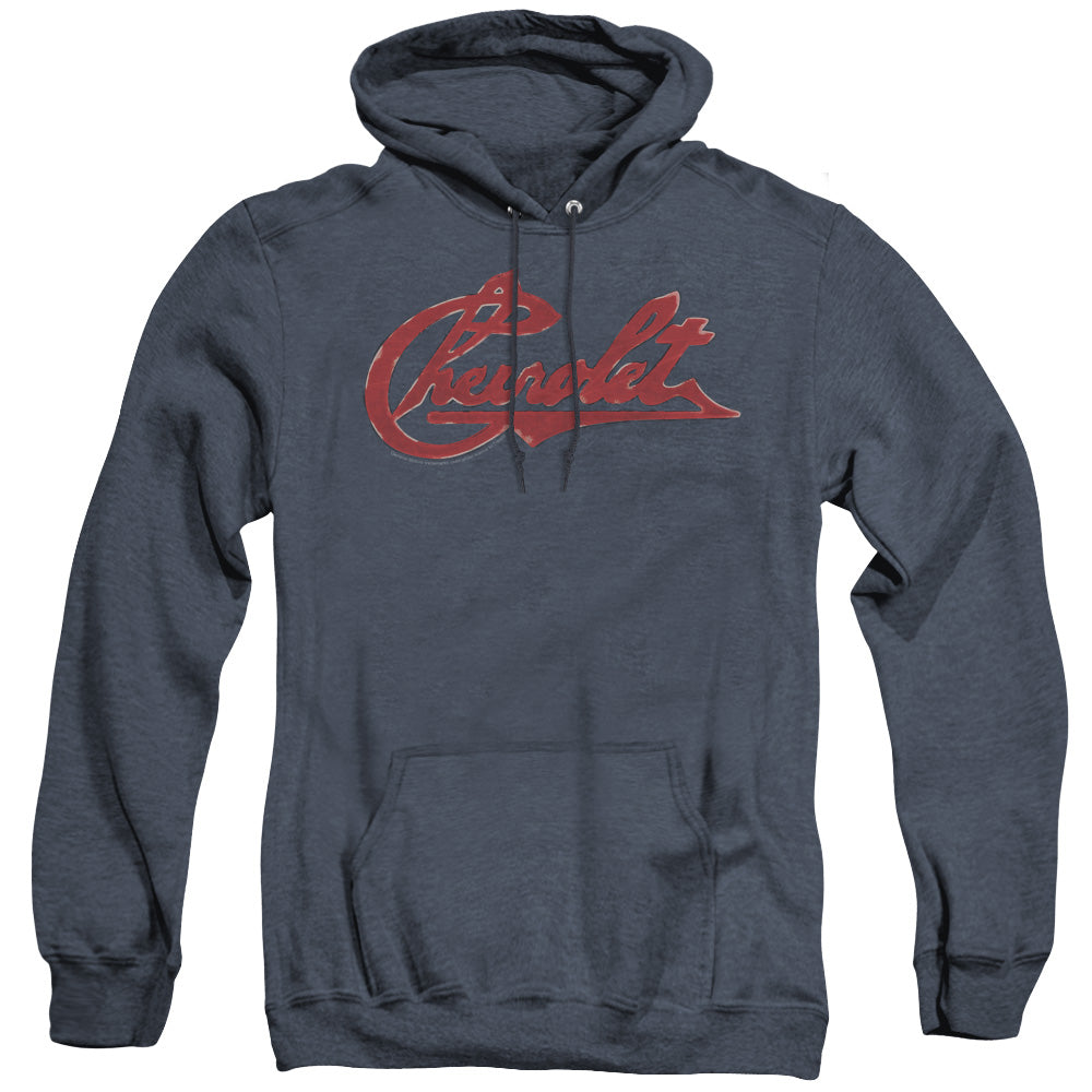AN OFFCIALLY LICENSED CHEVROLET CHEVROLET SCRIPT DISTRESSED ADULT UNISEX HEATHER PULLOVER HOODIE NAVY