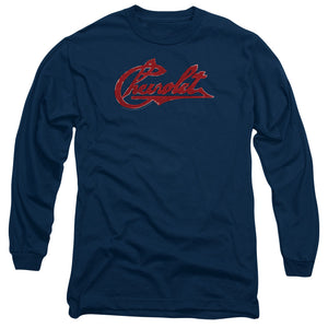 AN OFFCIALLY LICENSED CHEVROLET CHEVROLET SCRIPT DISTRESSED MEN'S LONG SLEEVE T-SHIRT NAVY