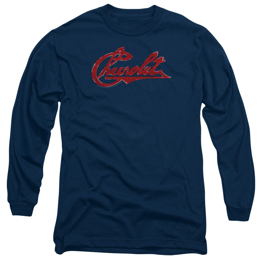 AN OFFCIALLY LICENSED CHEVROLET CHEVROLET SCRIPT DISTRESSED MEN'S LONG SLEEVE T-SHIRT NAVY