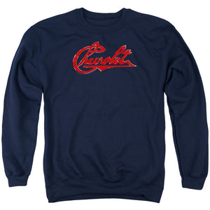 AN OFFCIALLY LICENSED CHEVROLET CHEVROLET SCRIPT DISTRESSED ADULT UNISEX CREWNECK SWEATSHIRT NAVY