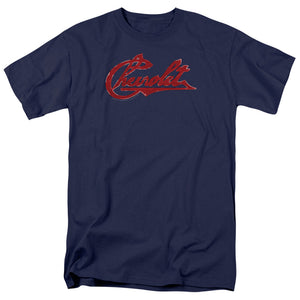 AN OFFCIALLY LICENSED CHEVROLET CHEVROLET SCRIPT DISTRESSED MEN'S REGULAR FIT T-SHIRT NAVY