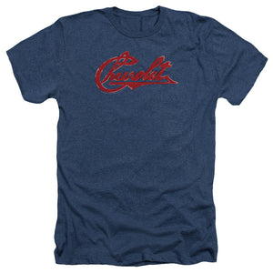 AN OFFCIALLY LICENSED CHEVROLET CHEVROLET SCRIPT DISTRESSED MEN'S HEATHER T-SHIRT NAVY