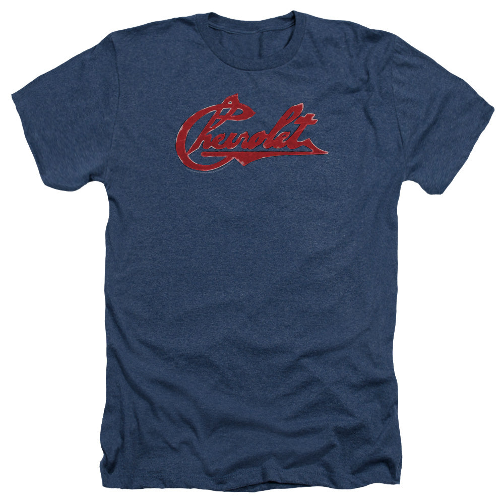 AN OFFCIALLY LICENSED CHEVROLET CHEVROLET SCRIPT DISTRESSED MEN'S HEATHER T-SHIRT NAVY