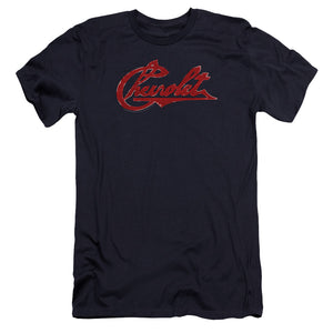 AN OFFCIALLY LICENSED CHEVROLET CHEVROLET SCRIPT DISTRESSED MEN'S PREMIUM SLIM FIT T-SHIRT NAVY