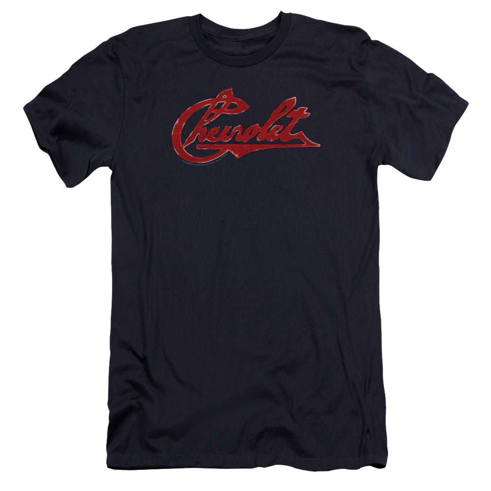 AN OFFCIALLY LICENSED CHEVROLET CHEVROLET SCRIPT DISTRESSED MEN'S PREMIUM SLIM FIT T-SHIRT NAVY
