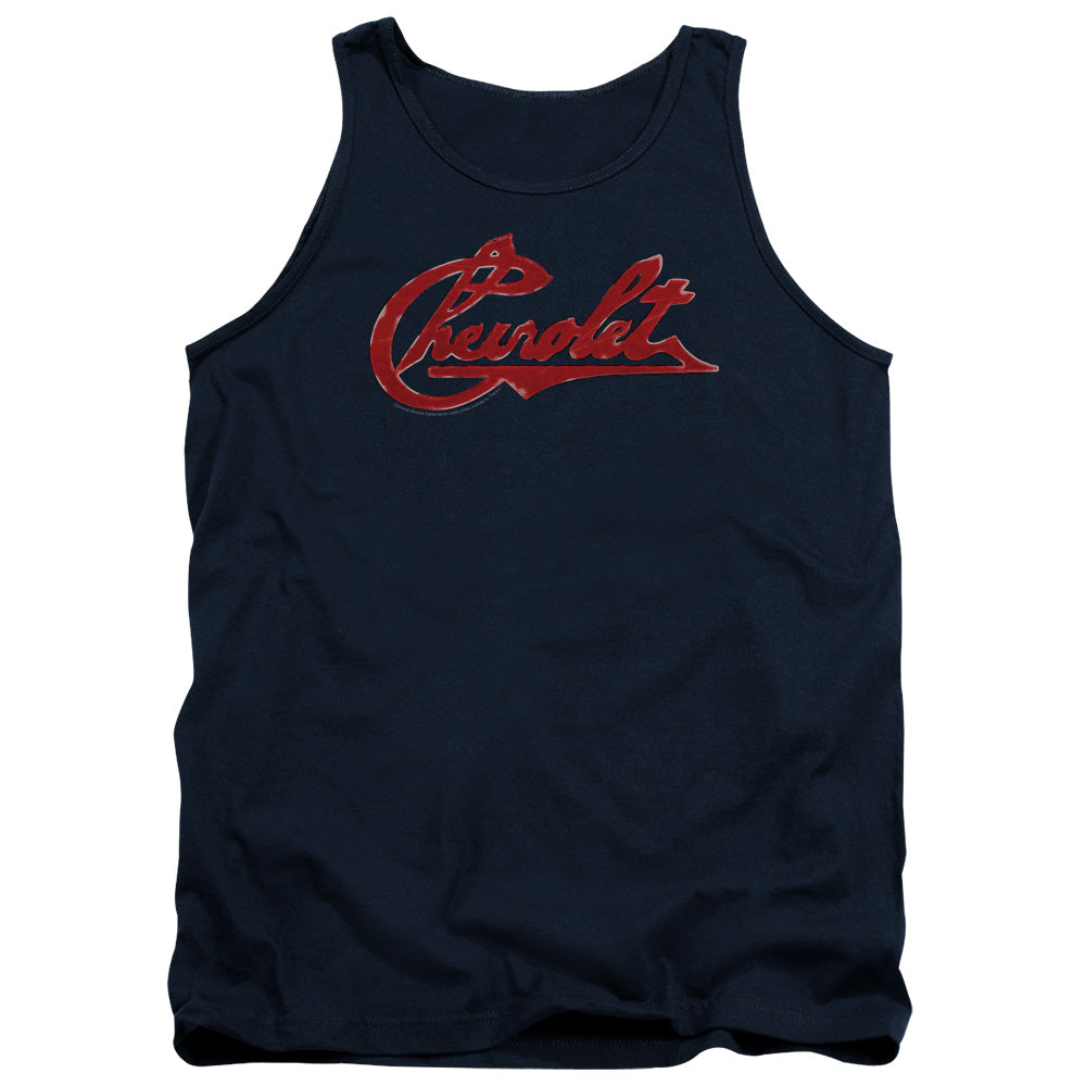 AN OFFCIALLY LICENSED CHEVROLET CHEVROLET SCRIPT DISTRESSED ADULT UNISEX TANK TOP NAVY