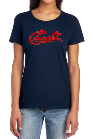 AN OFFCIALLY LICENSED CHEVROLET CHEVROLET SCRIPT DISTRESSED WOMEN'S REGULAR FIT T-SHIRT NAVY