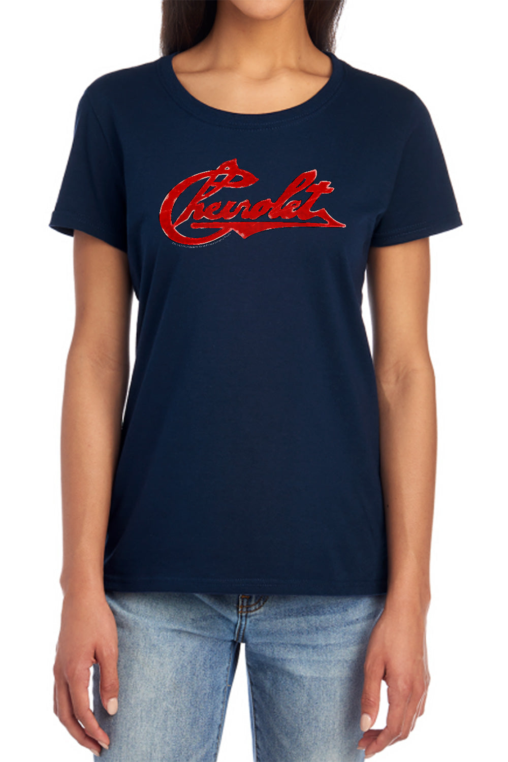 AN OFFCIALLY LICENSED CHEVROLET CHEVROLET SCRIPT DISTRESSED WOMEN'S REGULAR FIT T-SHIRT NAVY