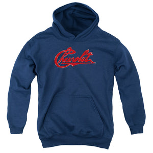 AN OFFCIALLY LICENSED CHEVROLET CHEVROLET SCRIPT DISTRESSED YOUTH HOODIE NAVY
