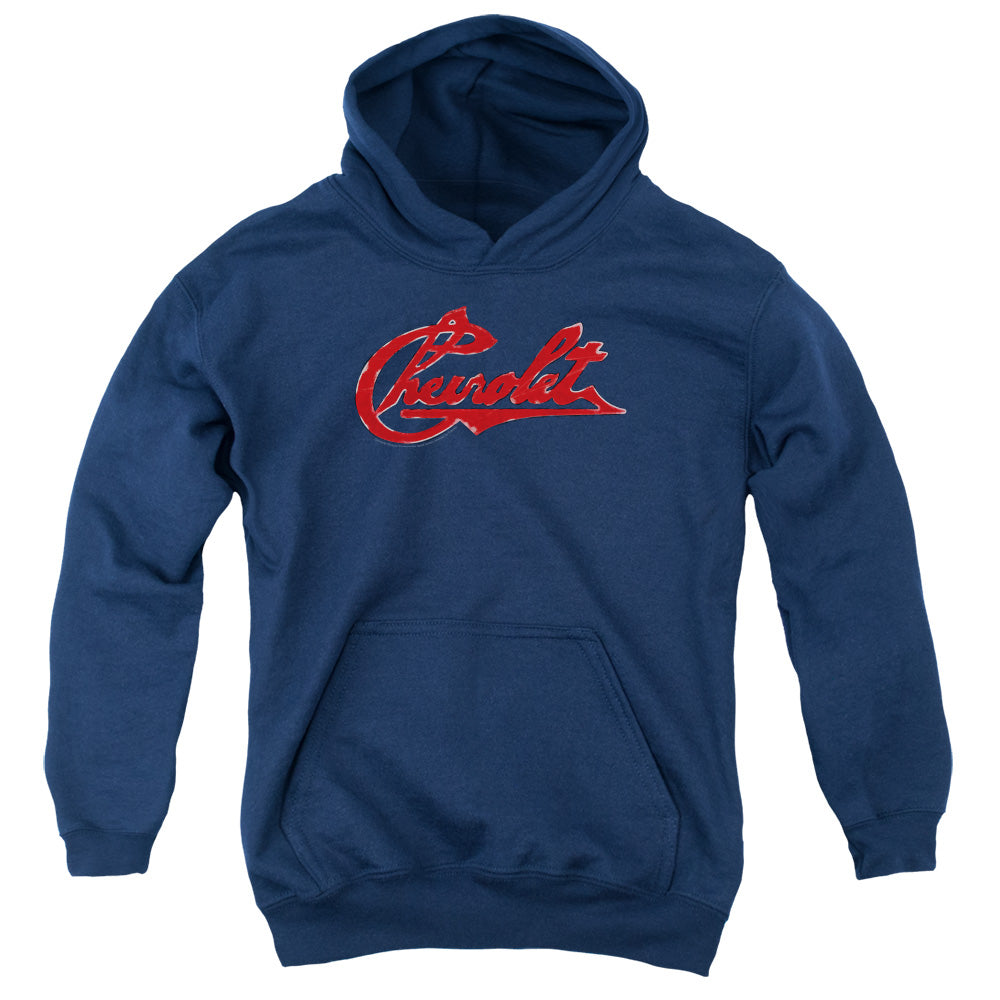 AN OFFCIALLY LICENSED CHEVROLET CHEVROLET SCRIPT DISTRESSED YOUTH HOODIE NAVY