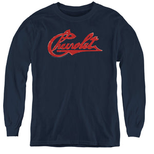 AN OFFCIALLY LICENSED CHEVROLET CHEVROLET SCRIPT DISTRESSED YOUTH LONG SLEEVE T-SHIRT NAVY