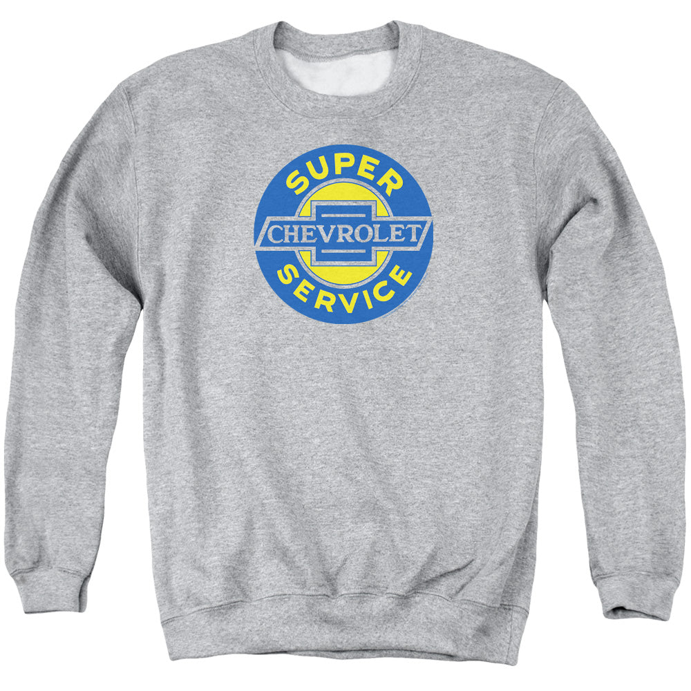 AN OFFCIALLY LICENSED CHEVROLET CHEVY SUPER SERVICE ADULT UNISEX CREWNECK SWEATSHIRT ATHLETIC HEATHER