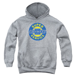 AN OFFCIALLY LICENSED CHEVROLET CHEVY SUPER SERVICE YOUTH HOODIE ATHLETIC HEATHER