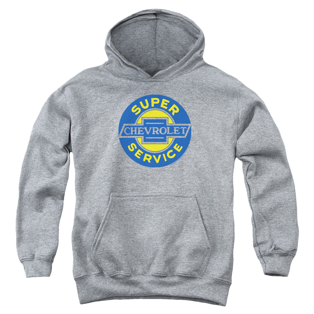 AN OFFCIALLY LICENSED CHEVROLET CHEVY SUPER SERVICE YOUTH HOODIE ATHLETIC HEATHER