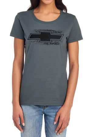 AN OFFCIALLY LICENSED CHEVROLET BOWTIE BURNOUT WOMEN'S REGULAR FIT T-SHIRT CHARCOAL