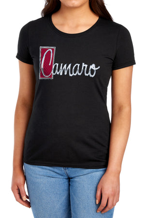 AN OFFCIALLY LICENSED CHEVROLET CHROME SCRIPT WOMEN'S REGULAR FIT T-SHIRT BLACK