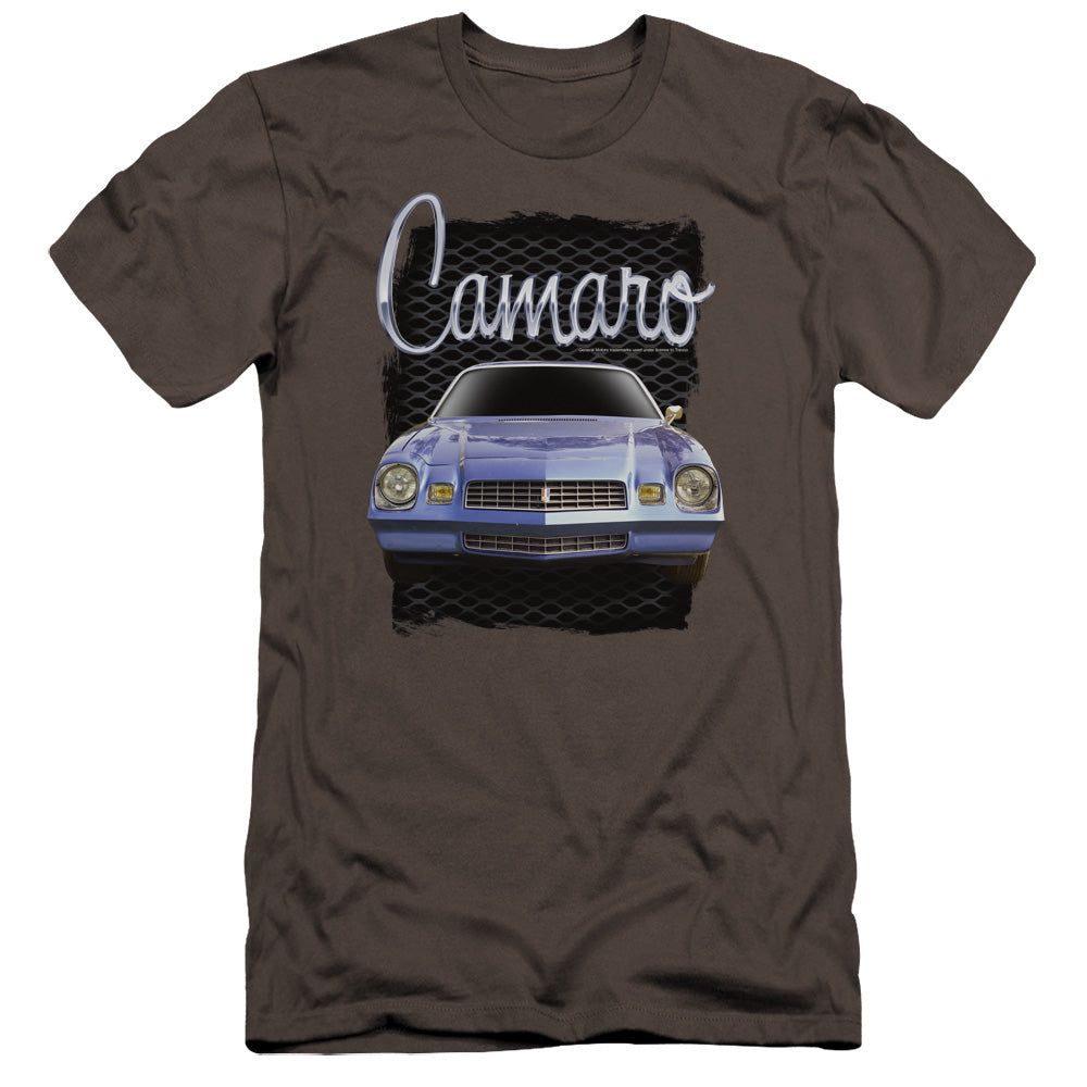 AN OFFCIALLY LICENSED CHEVROLET YELLOW CAMARO MEN'S PREMIUM SLIM FIT T-SHIRT CHARCOAL