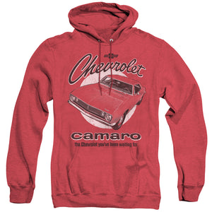 AN OFFCIALLY LICENSED CHEVROLET RETRO CAMARO ADULT UNISEX HEATHER PULLOVER HOODIE RED