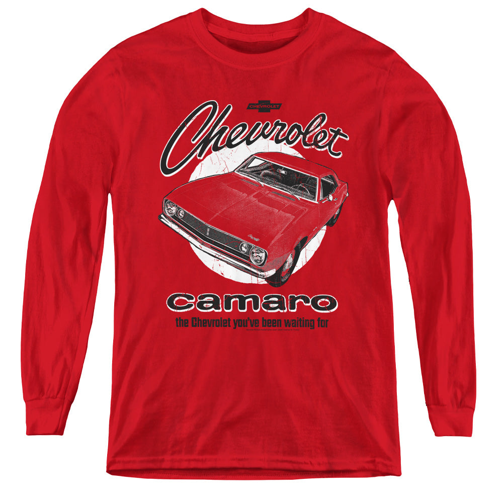 AN OFFCIALLY LICENSED CHEVROLET RETRO CAMARO YOUTH LONG SLEEVE T-SHIRT RED