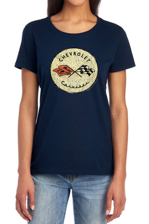 AN OFFCIALLY LICENSED CHEVROLET OLD VETTE WOMEN'S REGULAR FIT T-SHIRT NAVY