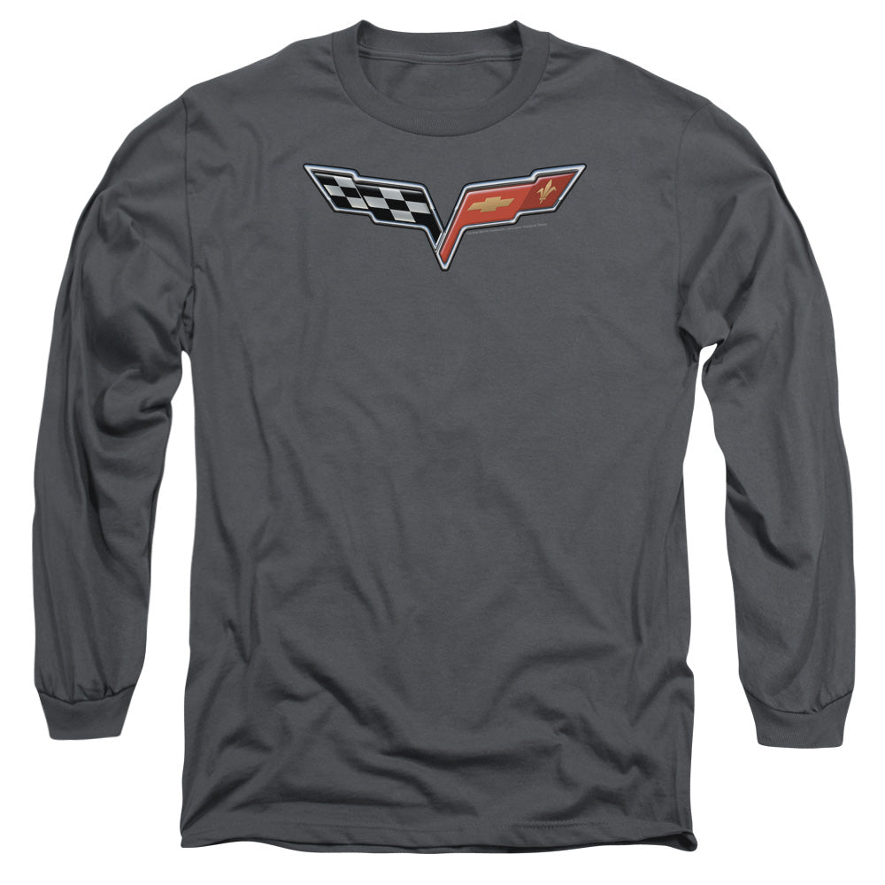 AN OFFCIALLY LICENSED CHEVROLET THE VETTE MEDALLION MEN'S LONG SLEEVE T-SHIRT CHARCOAL