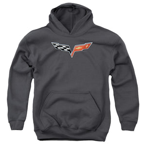 AN OFFCIALLY LICENSED CHEVROLET THE VETTE MEDALLION YOUTH HOODIE CHARCOAL
