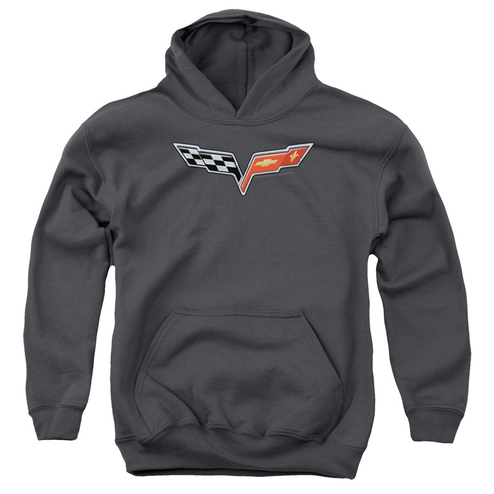 AN OFFCIALLY LICENSED CHEVROLET THE VETTE MEDALLION YOUTH HOODIE CHARCOAL