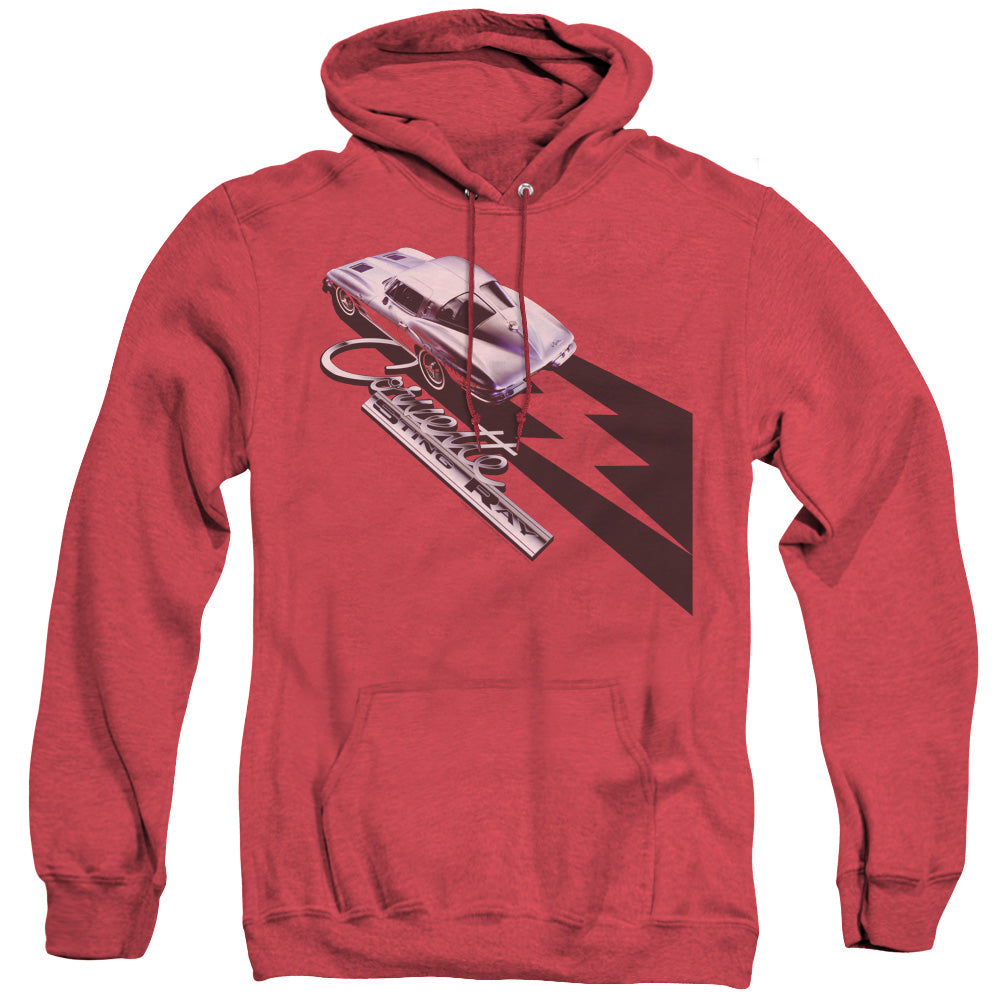 AN OFFCIALLY LICENSED CHEVROLET SPLIT WINDOW STING RAY ADULT UNISEX HEATHER PULLOVER HOODIE RED