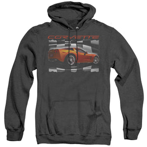 AN OFFCIALLY LICENSED CHEVROLET ORANGE Z06 VETTE ADULT UNISEX HEATHER PULLOVER HOODIE BLACK