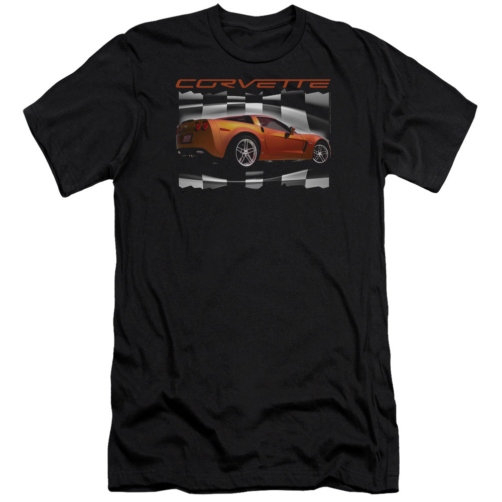 AN OFFCIALLY LICENSED CHEVROLET ORANGE Z06 VETTE MEN'S PREMIUM SLIM FIT T-SHIRT BLACK