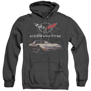 AN OFFCIALLY LICENSED CHEVROLET CHECKERED PAST ADULT UNISEX HEATHER PULLOVER HOODIE BLACK