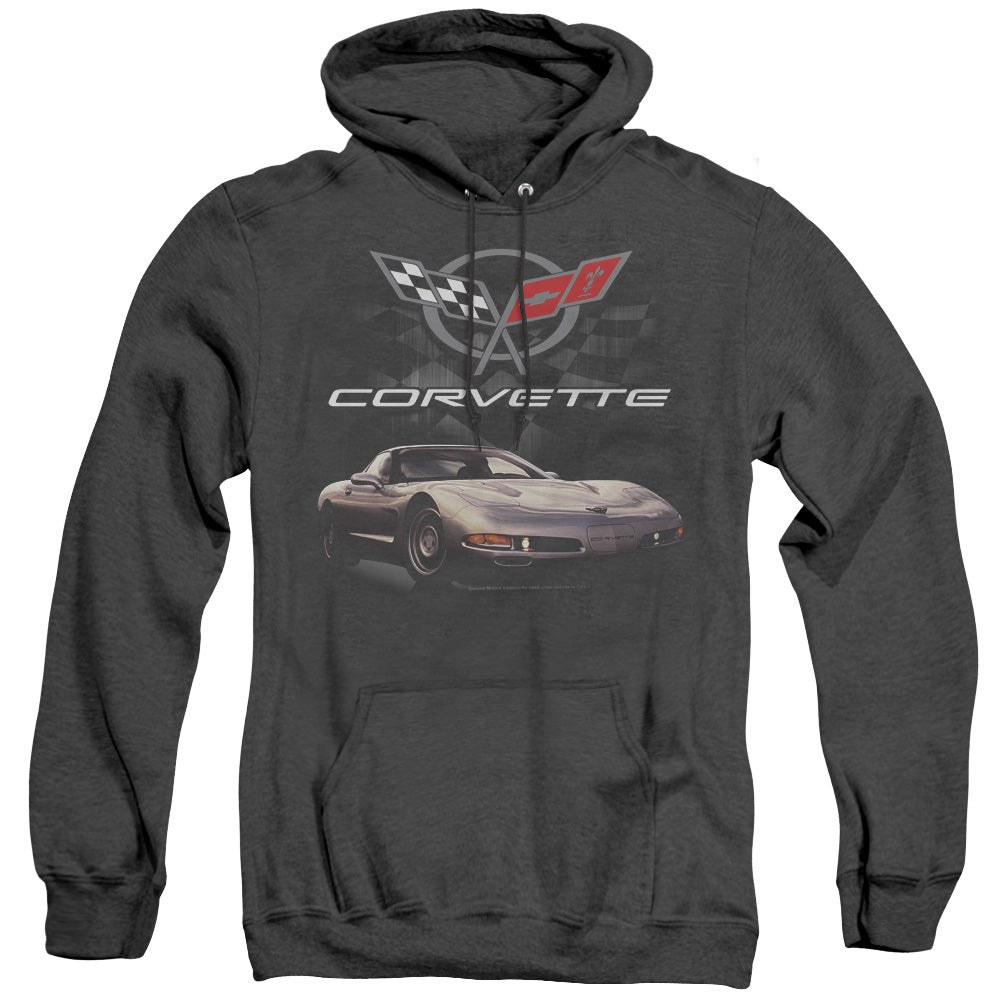 AN OFFCIALLY LICENSED CHEVROLET CHECKERED PAST ADULT UNISEX HEATHER PULLOVER HOODIE BLACK