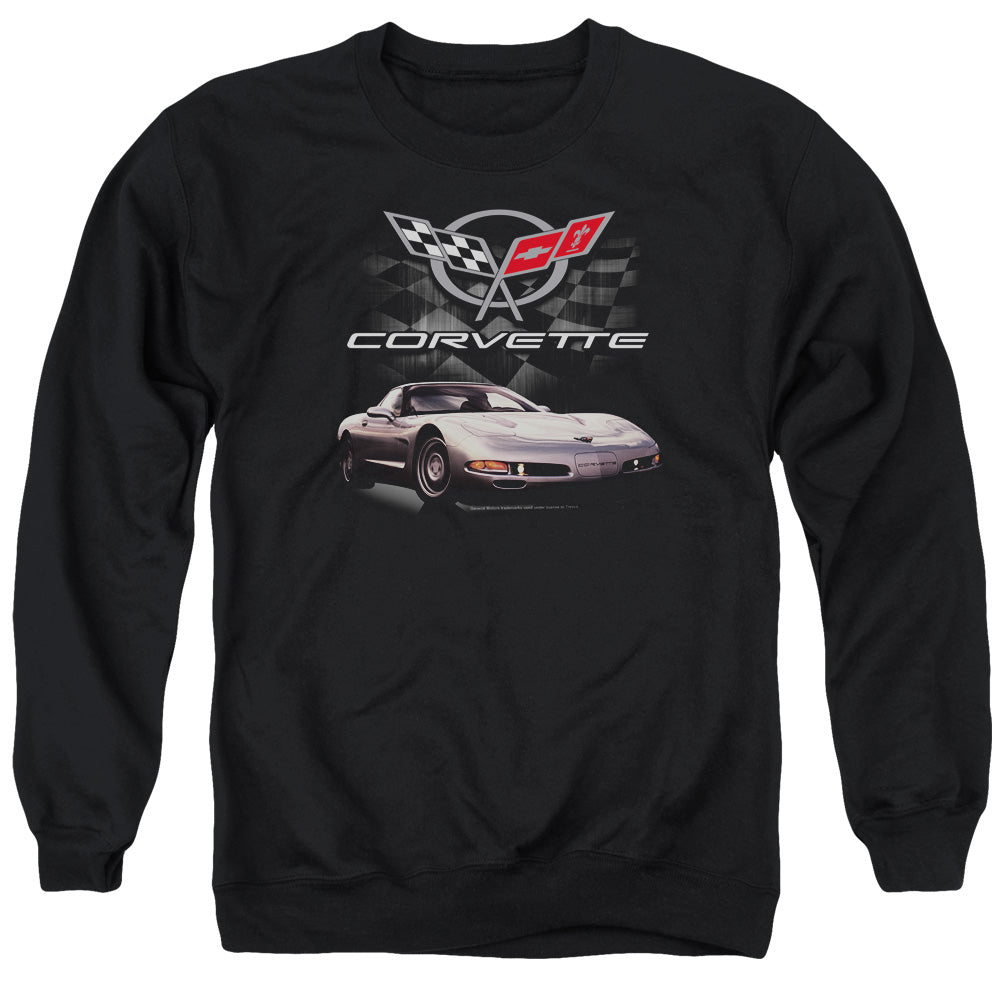 AN OFFCIALLY LICENSED CHEVROLET CHECKERED PAST ADULT UNISEX CREWNECK SWEATSHIRT BLACK