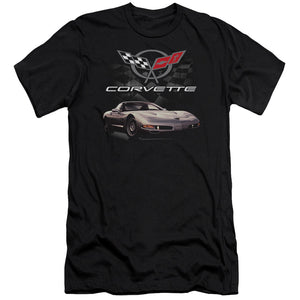 AN OFFCIALLY LICENSED CHEVROLET CHECKERED PAST MEN'S PREMIUM SLIM FIT T-SHIRT BLACK