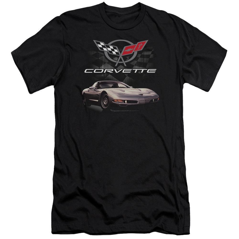AN OFFCIALLY LICENSED CHEVROLET CHECKERED PAST MEN'S PREMIUM SLIM FIT T-SHIRT BLACK