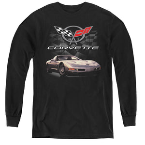 AN OFFCIALLY LICENSED CHEVROLET CHECKERED PAST YOUTH LONG SLEEVE T-SHIRT BLACK