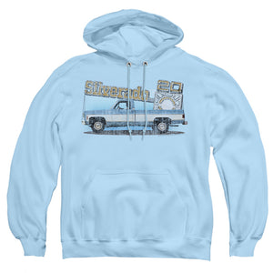 AN OFFCIALLY LICENSED CHEVROLET OLD SILVERADO SKETCH ADULT UNISEX PULLOVER HOODIE LIGHT BLUE