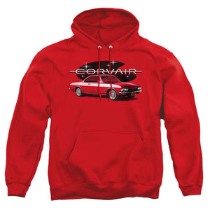 AN OFFCIALLY LICENSED CHEVROLET 65 CORVAIR MONA SPYDA COUPE ADULT UNISEX PULLOVER HOODIE RED