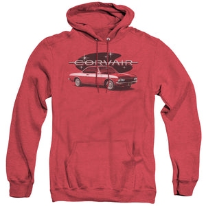 AN OFFCIALLY LICENSED CHEVROLET 65 CORVAIR MONA SPYDA COUPE ADULT UNISEX HEATHER PULLOVER HOODIE RED