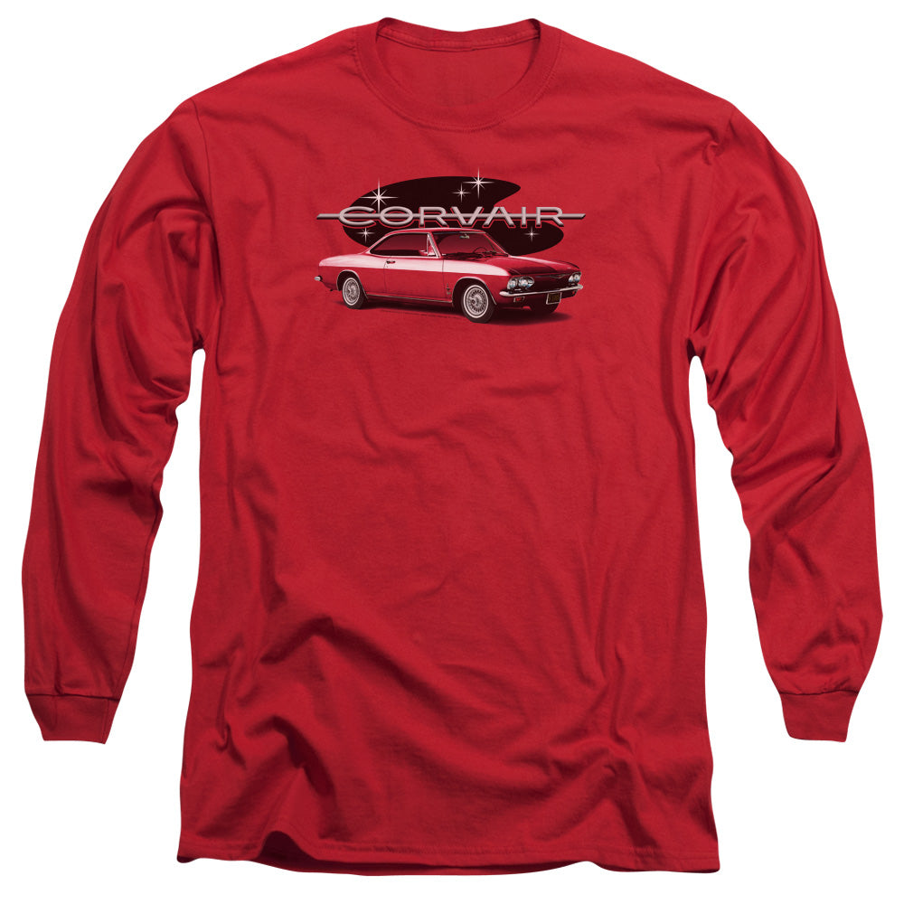 AN OFFCIALLY LICENSED CHEVROLET 65 CORVAIR MONA SPYDA COUPE MEN'S LONG SLEEVE T-SHIRT RED