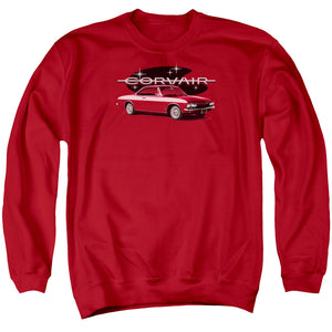 AN OFFCIALLY LICENSED CHEVROLET 65 CORVAIR MONA SPYDA COUPE ADULT UNISEX CREWNECK SWEATSHIRT RED