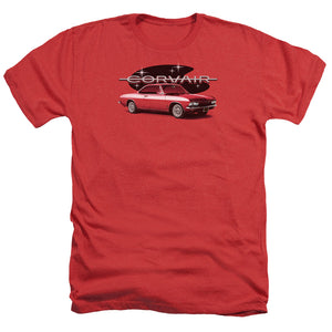 AN OFFCIALLY LICENSED CHEVROLET 65 CORVAIR MONA SPYDA COUPE MEN'S HEATHER T-SHIRT RED
