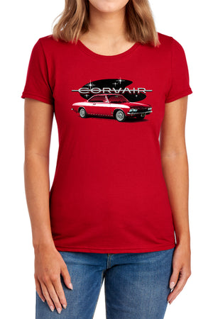 AN OFFCIALLY LICENSED CHEVROLET 65 CORVAIR MONA SPYDA COUPE WOMEN'S REGULAR FIT T-SHIRT RED