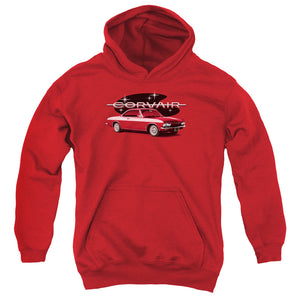 AN OFFCIALLY LICENSED CHEVROLET 65 CORVAIR MONA SPYDA COUPE YOUTH HOODIE RED