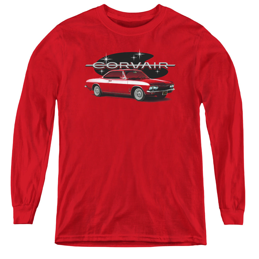 AN OFFCIALLY LICENSED CHEVROLET 65 CORVAIR MONA SPYDA COUPE YOUTH LONG SLEEVE T-SHIRT RED