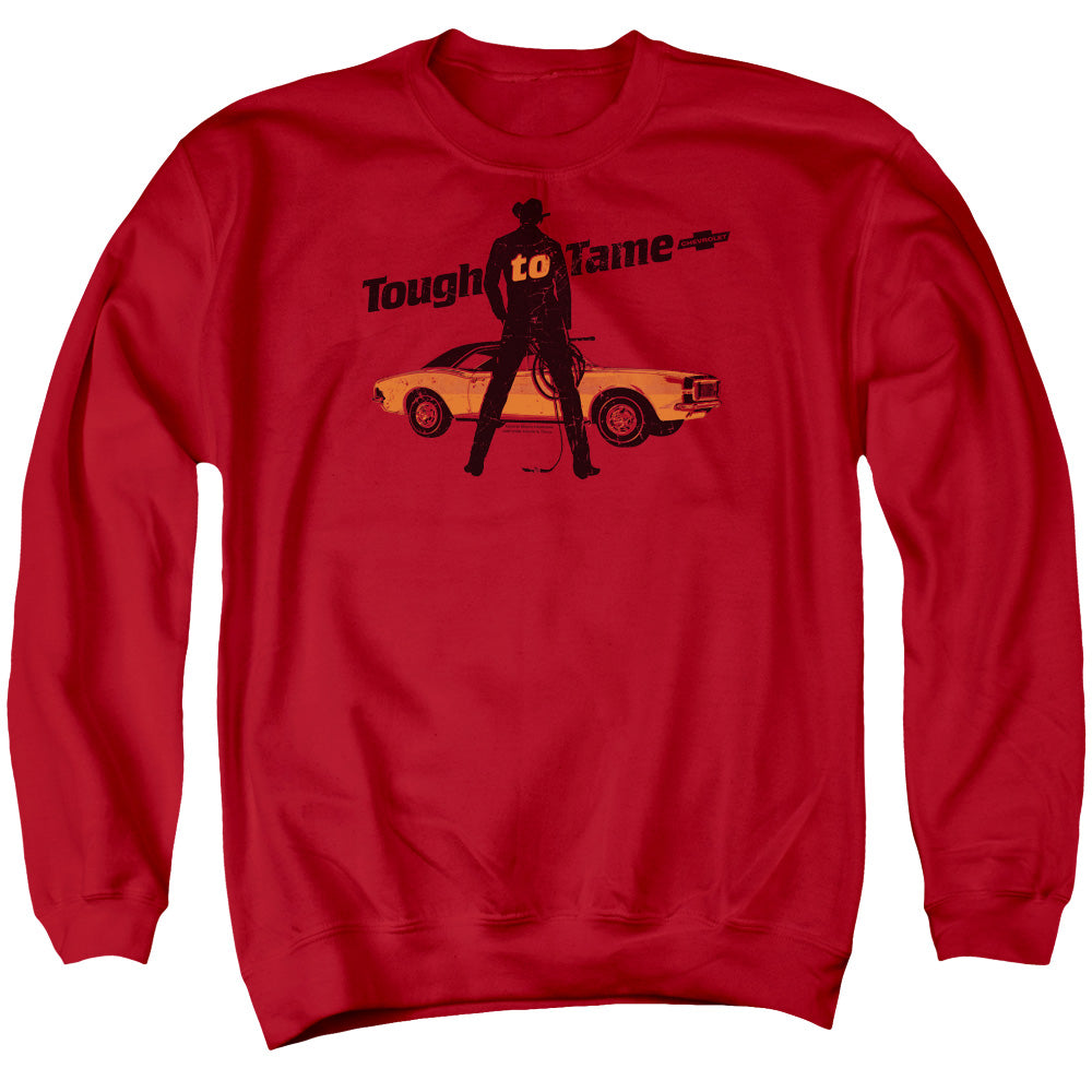 AN OFFCIALLY LICENSED CHEVROLET TOUGH TO TAME ADULT UNISEX CREWNECK SWEATSHIRT RED