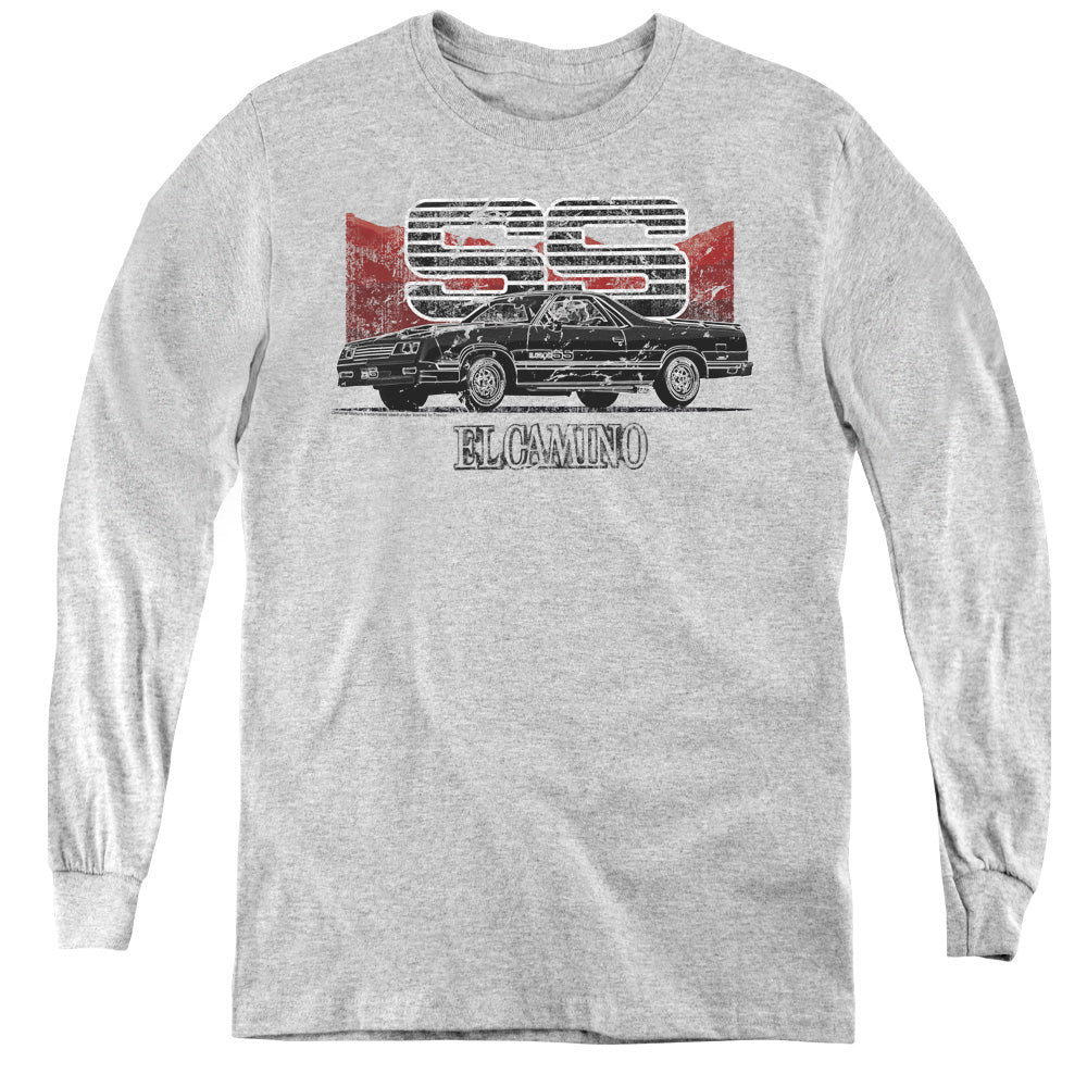 AN OFFCIALLY LICENSED CHEVROLET EL CAMINO SS MOUNTAINS YOUTH LONG SLEEVE T-SHIRT ATHLETIC HEATHER