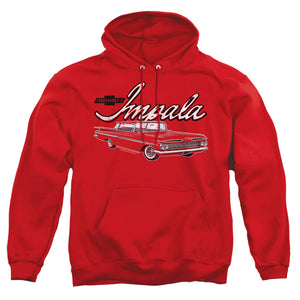 AN OFFCIALLY LICENSED CHEVROLET CLASSIC IMPALA ADULT UNISEX PULLOVER HOODIE RED
